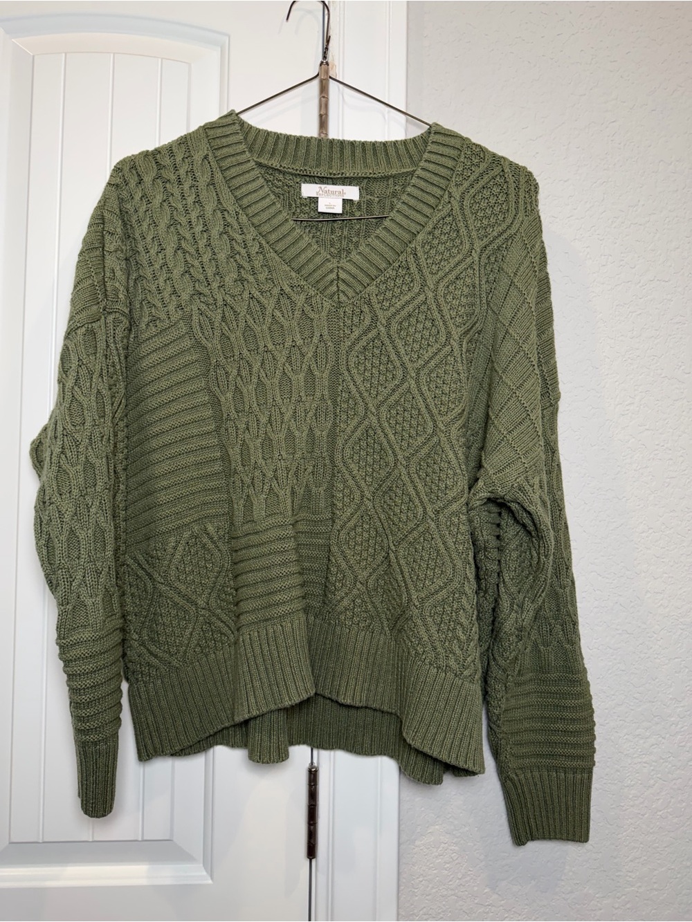Natural Reflections Olive Patchwork Cable-Knit V-Neck Sweater